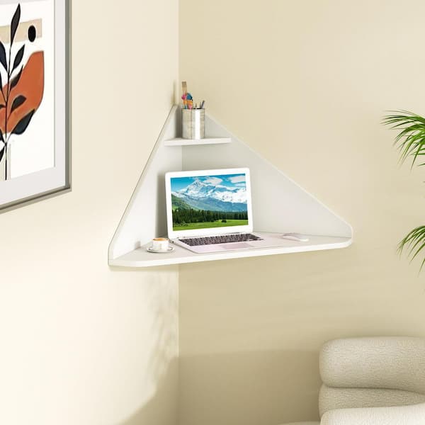 36.5 in. Triangular White Engineered Wood Floating Corner Desk with Shelf and Wall Anchoring Kit