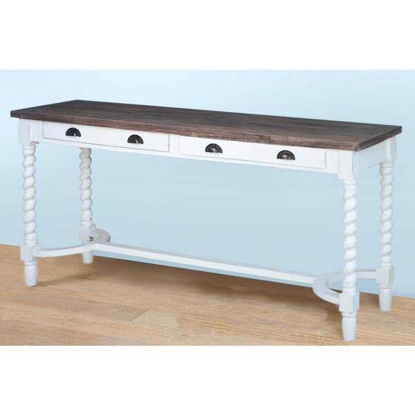 Raised kitchen island table COUNTRY style console in white SHABBY solid  wood drawers and open shelf 200x80xh96 cm