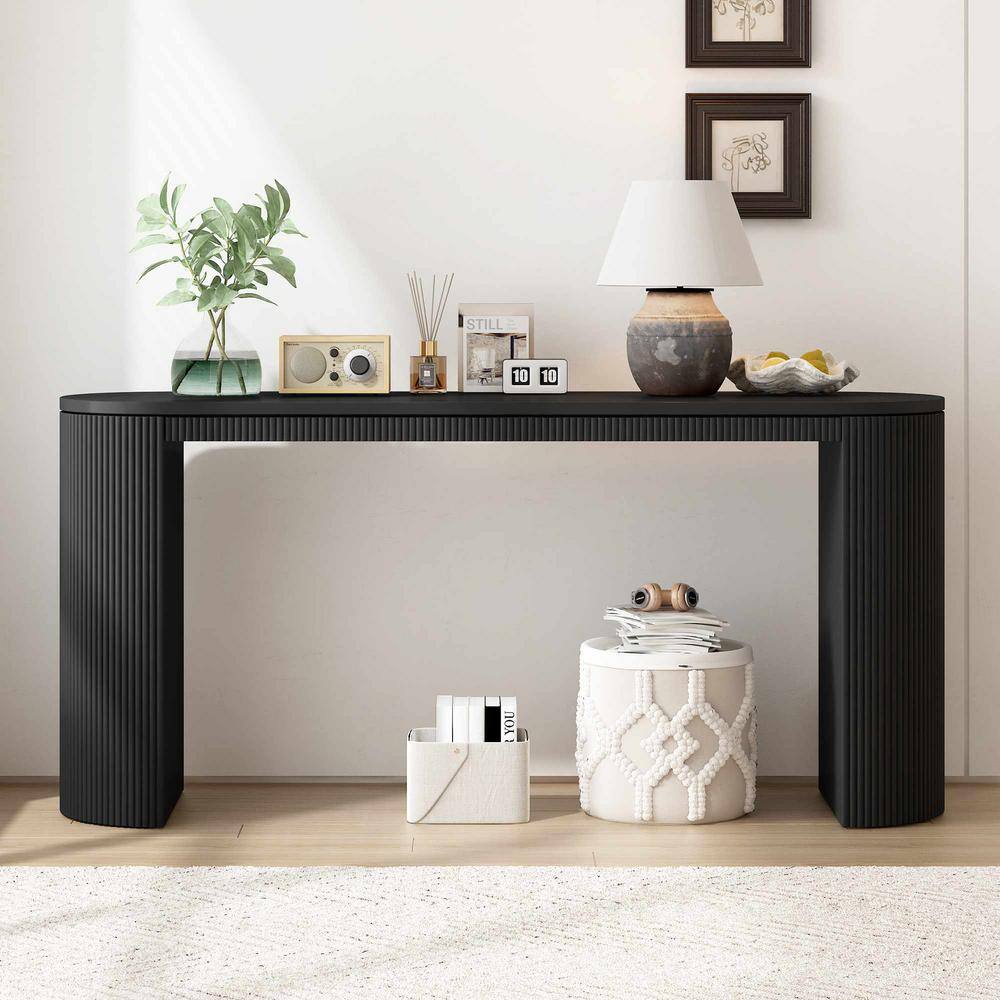 Polibi 59.2 in. Black Rectangle Wood Console Table with Unique Vertical ...