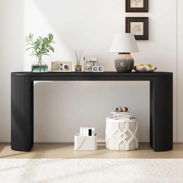Polibi 59.2 in. Black Rectangle Wood Console Table with Unique Vertical Stripe Design for Living Room, Study and Entrance