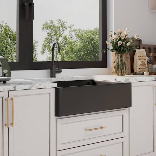 Feast Black Rectangular 33 in. L x 20 in. W Ceramic Single Bowl Farmhouse Apron Kitchen Sink with Grid and Strainer