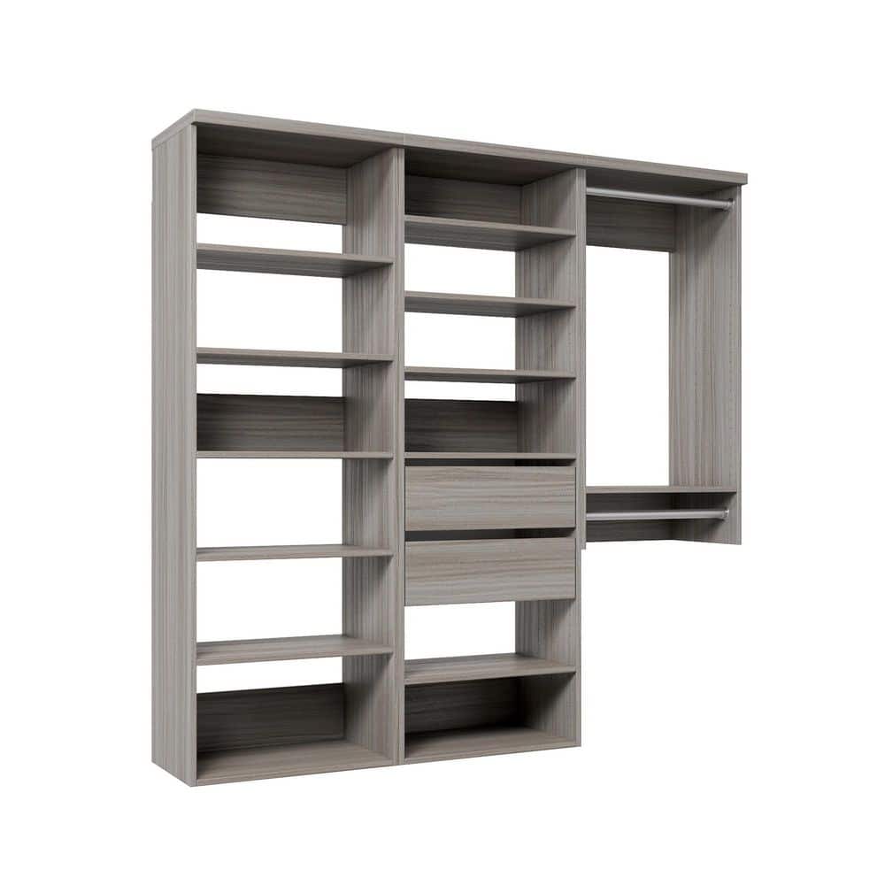 94.5 in. W Grey Oak Reach-in Wall-Mount 2-Rod 2-Reveal-Drawers 12-Shelf Wood Closet System