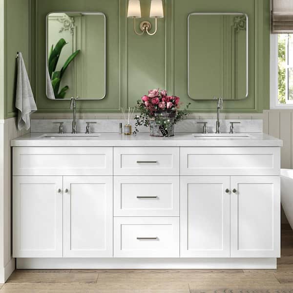 ARIEL Hamlet 73 in. W x 22 in. D x 36 in. H Bath Vanity in White with Carrara White Marble Vanity Top