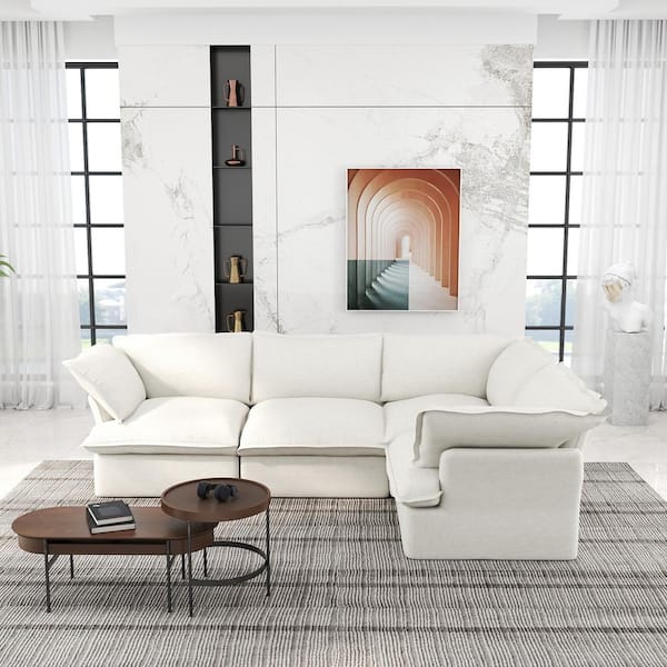 Magic Home 122.8 in. Flared Arm 4-Piece Linen L-Shaped Sectional Sofa Pine Wood Overstuffed Deep Seat Cloud Couch in White