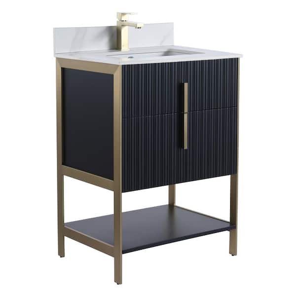FINE FIXTURES 24 in. W x 18 in. D x 33.5 in. H Bath Vanity in Matte Black with White Sintered Stone Top with Satin Brass Hardware