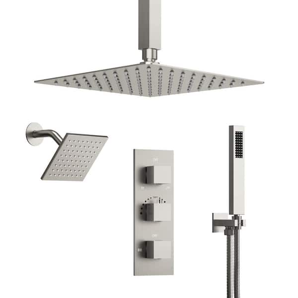 6 in. and 5-Spray 12 in. Thermostatic Wall Bar Shower Systems with Handheld 2.5 GPM in Brushed Nickel(Valve Included)