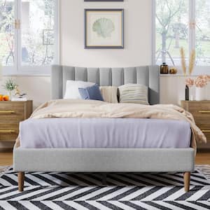 Gray Wood Frame Full Size Platform Bed with Vertical Tufted Headboard, Linen Upholstery Wood Platform Bed