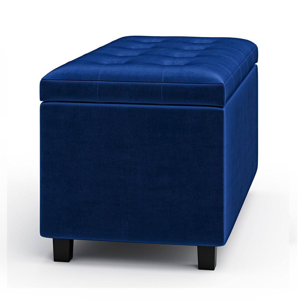 Blue Velvet Tufted Storage Ottoman with Solid Wood Frame