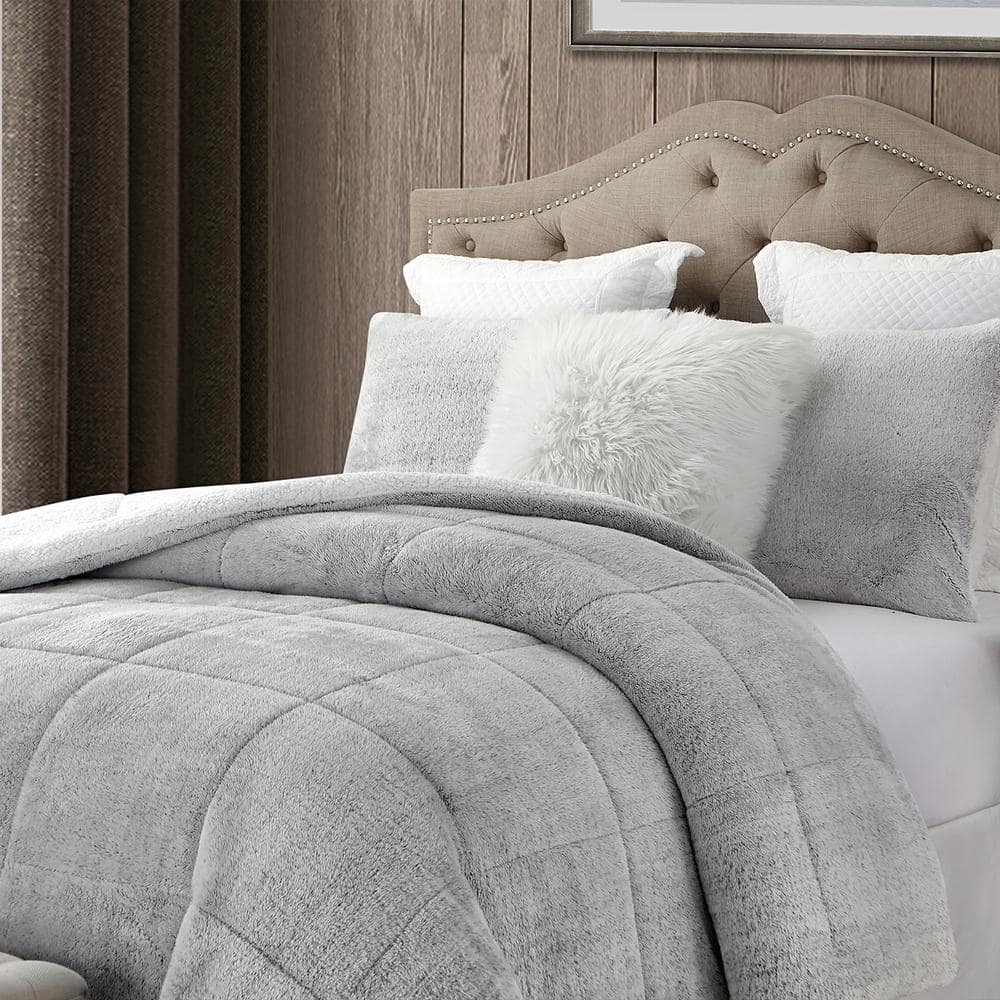 Gray King Reversible Faux Fur Down Alternative Comforter Set