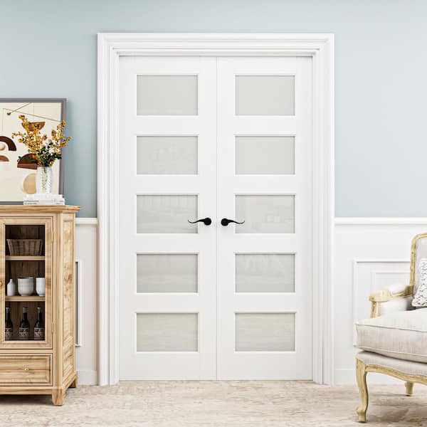 48 in. x 80 in. Universal 5-Lite Frosted Glass White Solid Core Wood Double Prehung French Door+ Quick Assemble Jamb
