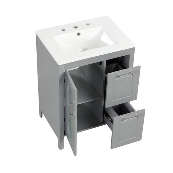 24 in W x 18.3 in. D x 33.2 in H Single Sink Freestanding Gray Bath Vanity with White Ceramic Top and Adjustable Shelf