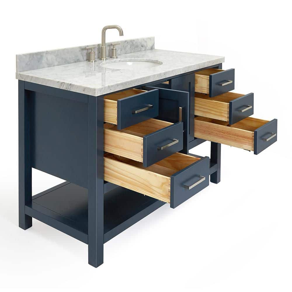 Midnight Blue Solid Wood Bath Vanity with White Marble Top