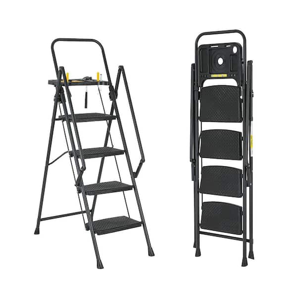 4-Step Foldable Lightweight Ladder with Tool Tray, Wide Non-slip Steps and Safety Handles, Sturdy Multi-Purpose Ladder