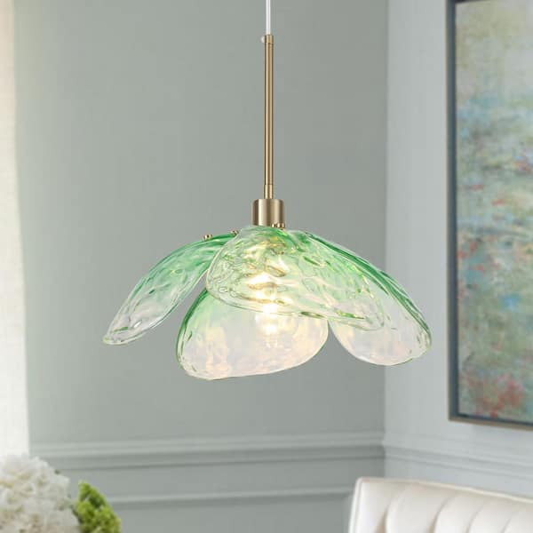 LWYTJO 60-Watt 1-Light Green Pendant Light with 4 Leaves Glass Shade, No Bulbs Included