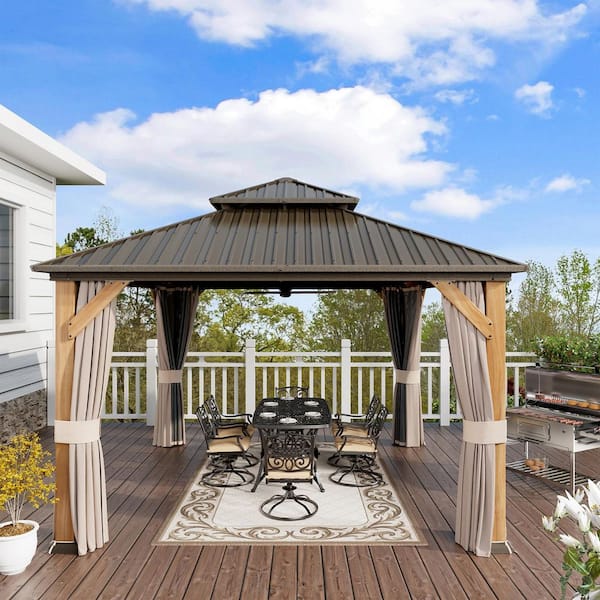 12 ft. x 12 ft. Brown Cedar Wood Frame Hardtop Gazebo with Galvanized Steel Double Roof, Curtains and Netting