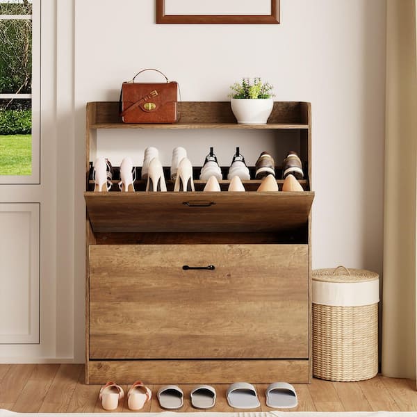 40 in. H x 31.5 in. W Brown Particleboard Shoe Storage Cabinet with 2-Flip Drawers, 16-Pairs Shoe Cabinet for Entryway
