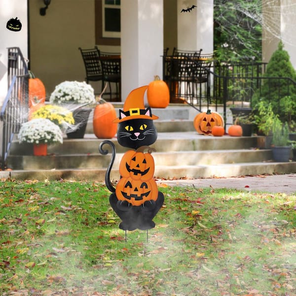 Glitzhome 36 in. H Halloween Metal Black Cat with Spring