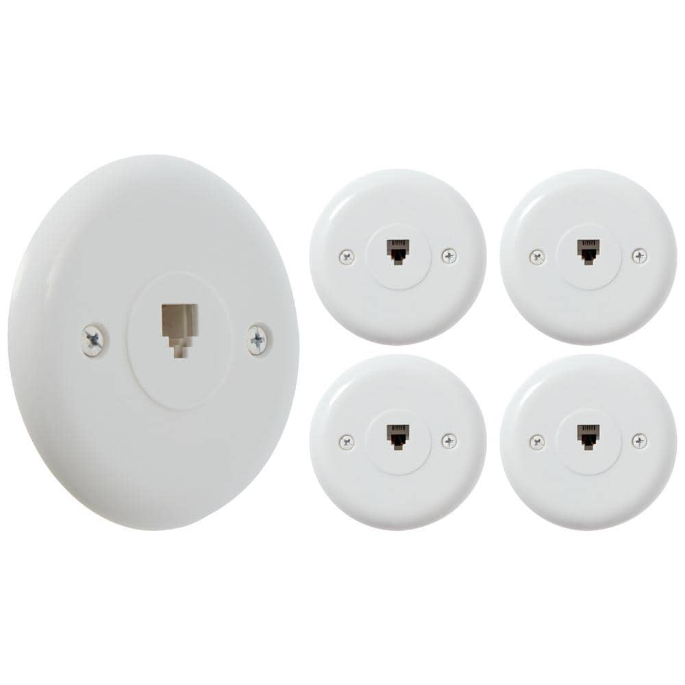 White Round Plastic Single Gang Telephone Jack Wall Plate, 5-Pack