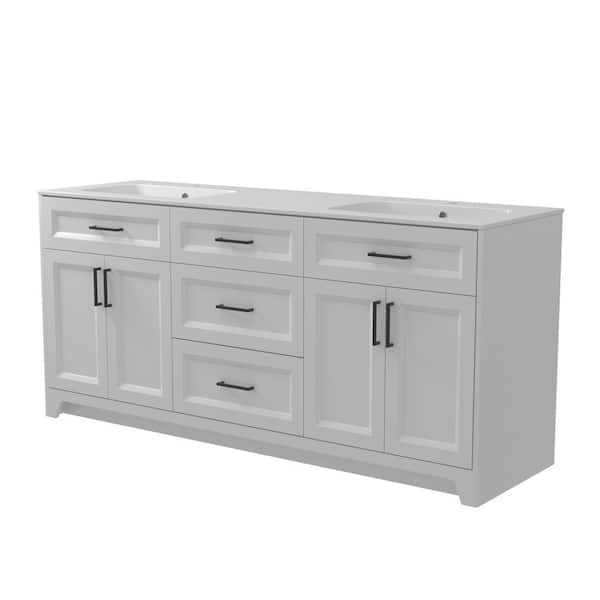 72 in. W x 21.5 in. D x 34.1 in. H Freestanding White Bathroom Vanity Cabinet, Solid Surface Top with Basin Double Bowl