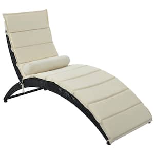 Black Rattan Wicker Folding Outdoor Chaise Lounge Chair with Beige Cushion and Bolster Pillow