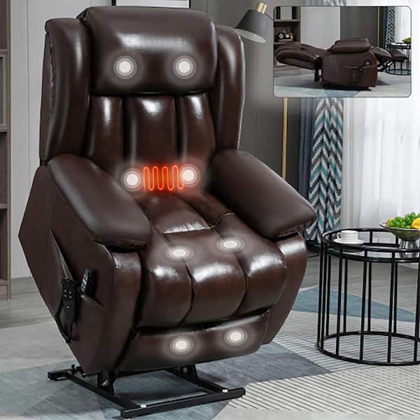 Boyel Living Brown Genuine Leather Power Lift Recliner Chair with 8-Point Vibration Massage and Lumbar Heating