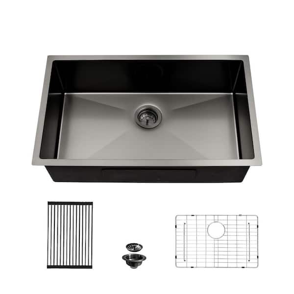 33 in. Undermount Single Bowl Gunmetal Black 16-Gauge Stainless Steel Kitchen Sink w/ Rolling Drying Rack and Drain