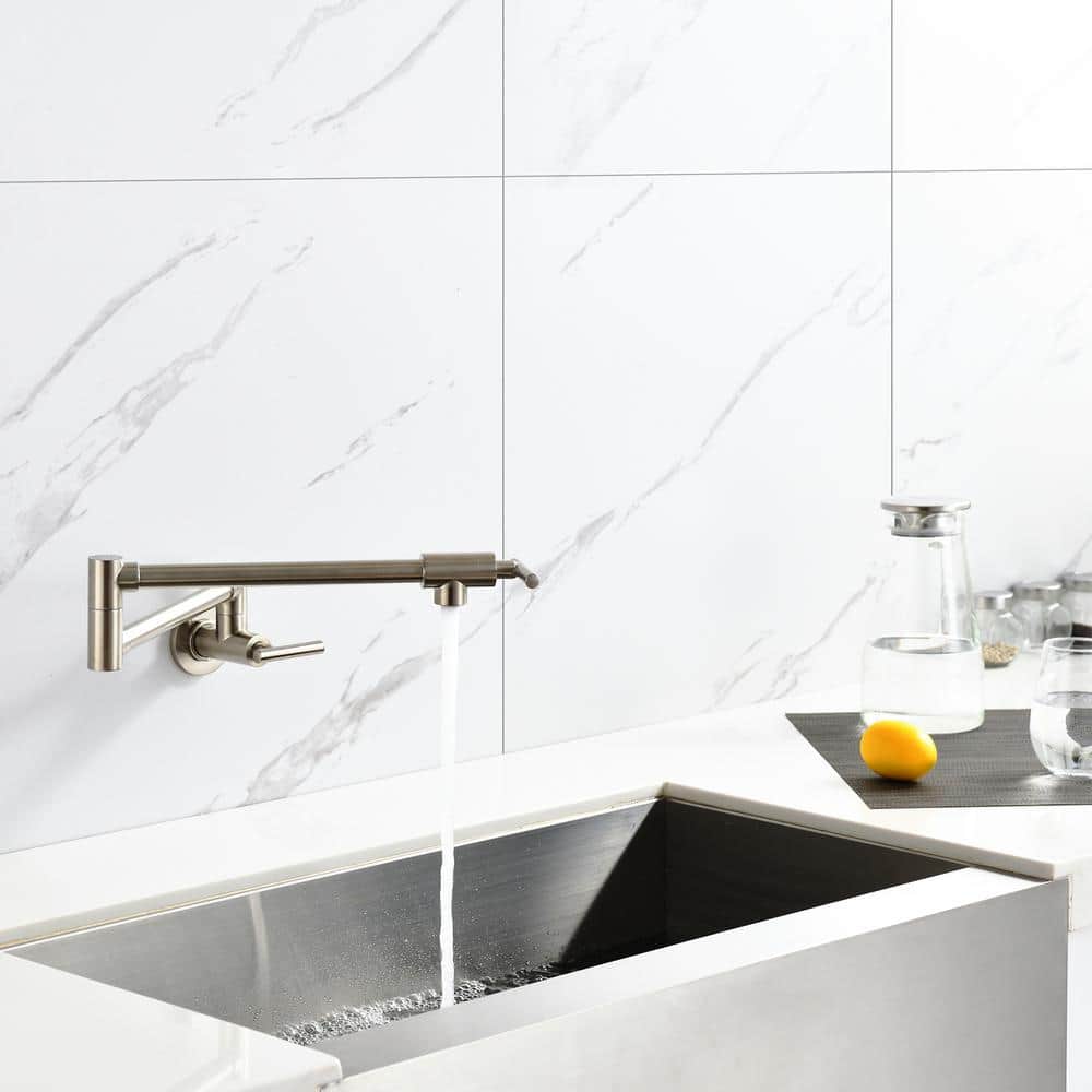 Brushed Nickel Wall-Mounted Pot Filler Faucet with Dual Handles