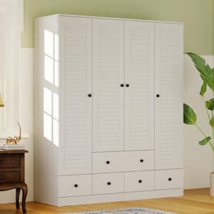 70 in. H x 19 in. D White Wood 59 in. W 4 Shutter Doors Big Armoires Wardwore with 6-Drawers, Hanging Rod