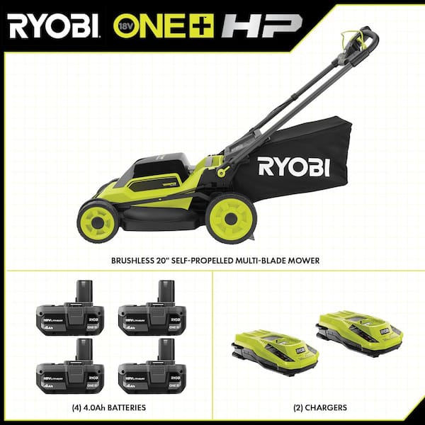 ONE+18V HP Brushless Whisper Series 20" Self-Propelled Multi-Blade Walk Behind Lawn Mower- (4) Batteries & (2) Chargers