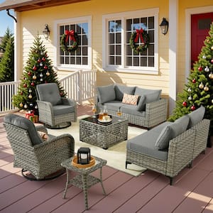 Holston 8-Piece Wicker Modern Outdoor Patio Conversation Sofa Sectional Set with Swivel Chairs and Dark Grey Cushions