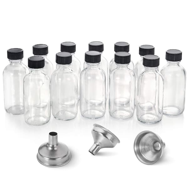 2 oz. Clear Glass Boston Round Bottles with Lids and Funnels, 12-Pack Sample Set for Travel