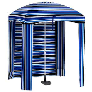 5.9 ft. Portable Beach Umbrella in Blue Stripes with Double-Top, Vented Windows, Sandbags, Carry Bag
