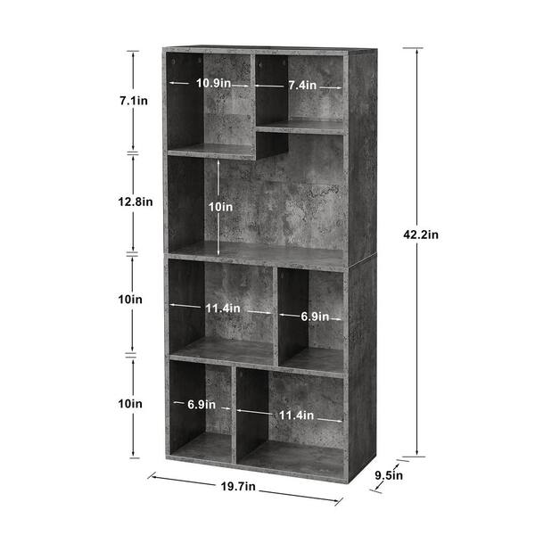 VECELO 9.5 In.W Gray Bookshelf, Bookcase with 4-Open