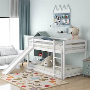 White Twin Over Twin with Slide and Ladder, Low Floor Wood Kids Bunk Bed, No Box Spring Need