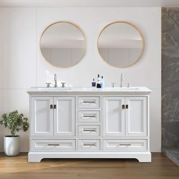 Brittany 60 in. W x 22 in. D x 34.5 in. Double Sink Freestanding Bath Vanity in Blue with White Carrara Marble Top