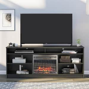 Hendrix 65 in. TV Stand with Electric Fireplace Insert and 6 Shelves, Black Oak