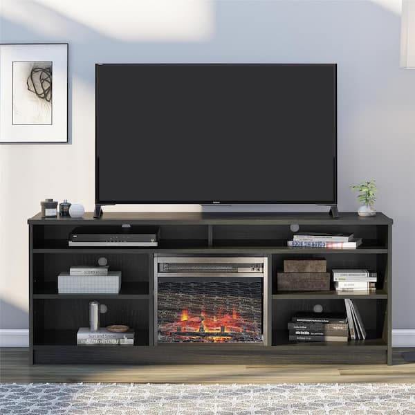 Ameriwood Home Hendrix 65 in. TV Stand with Electric Fireplace Insert and 6 Shelves, Black Oak