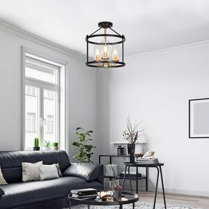 Modern Transitional Cage Semi-Flush Mount Light, 3-Light Black and Gold Farmhouse Ceiling Light with Clear Glass Shades