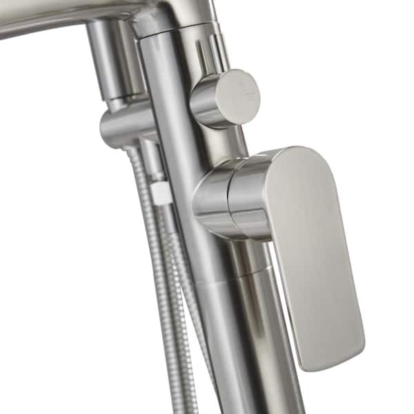 Modern Single-Handle Freestanding Floor Mount Tub Faucet with Handheld Showerhead in Brushed Nickel