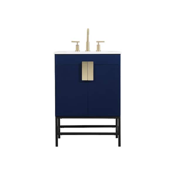 Unbranded Simply Living 24 in. W x 19 in. D x 33.5 in. H Bath Vanity in Blue with Ivory White Engineered Marble Top