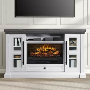 65 in. Fireplace Freestanding Console-Pure White finish and Medium Brown Oak Top
