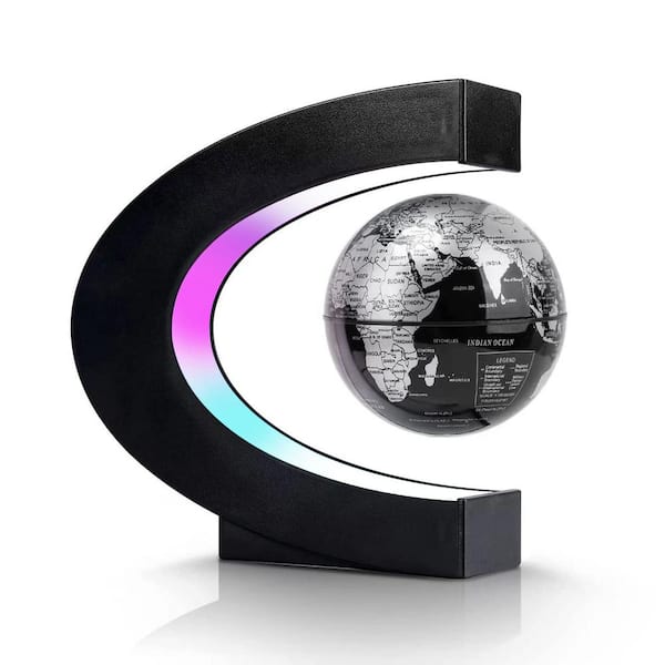 Angel Sar 7 in. x 6.8 in. C Shape Magnetic Levitation Floating Globe with LED Lights, Anniversary Item for Desk Decor, Black