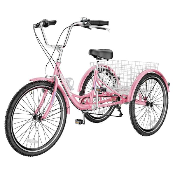 Adult Tricycle 7 Speed, 24 in. Wheels Cruiser Bikes with Cargo Basket for Seniors, Women, Men, 3 Wheel Bike Adult, Pink