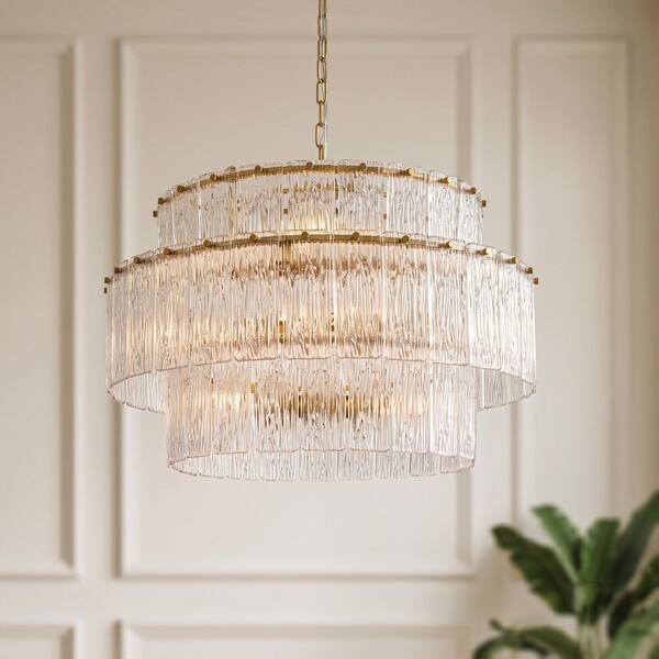 27.5 in. 10-Light Painted Gold Modern 3-Tier Hardwired Chandelier with Textured Glass Panels and Adjustable Chain
