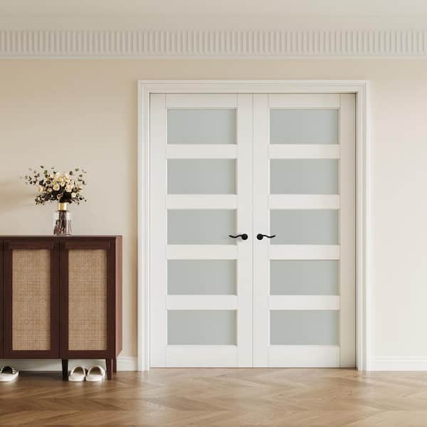64 in. x 80 in. Universal Handed 5-Lite Frosted Glass White Solid Core MDF Double French Door with Assemble Jamb