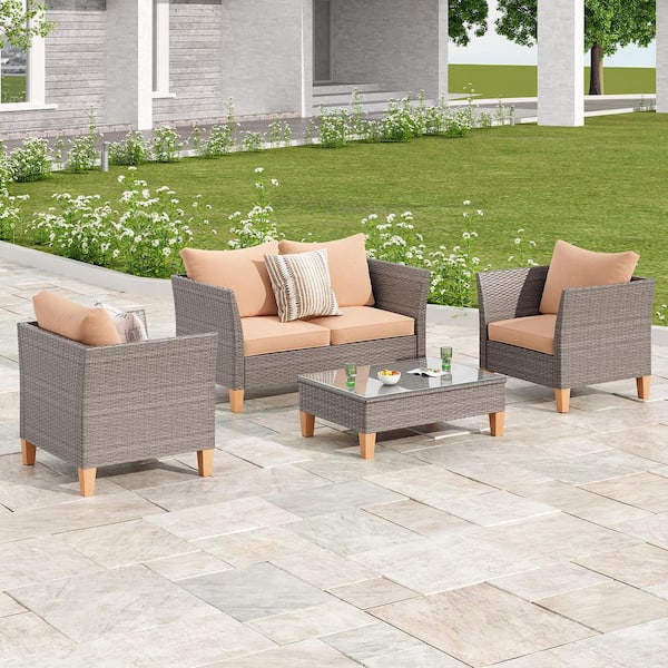 Outdoor Patio Furniture Set with Coffee Table, Loveseat & 2 Single Chairs in Stain-Resistant Fabric with Beige Cusions