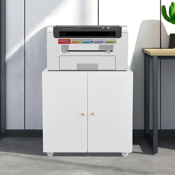 White 19.68 in. H Mobile Printer Stand with Wheels, File Door, and Open Shelf for Letter/Legal/A4 Files