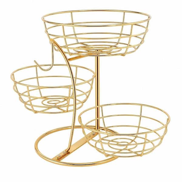 1 Piece with Banana Hanger 3-Tier Metal Base Gold Kitchen Fruit Baskets Set for Kitchen Counter and Bread Snack