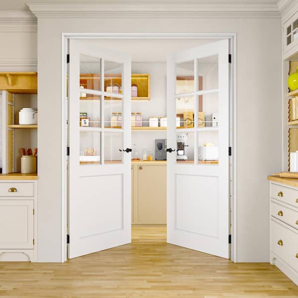 64 in. x 80 in. Universal Handed 6-Lite Clear Glass White Solid Core MDF Double French Door with Assemble Jamb