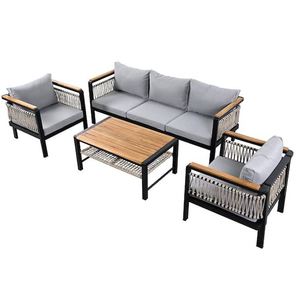 4-Piece Steel & Acacia Wood Outdoor Patio Conversation Sofa Set with Coffee Table and Gray Cushions